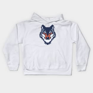 Fair isle knitting grey wolf // spot illustration // navy blue grey and orange wolf Kids Hoodie